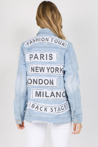 American Bazi Letter Patched Distressed Denim Jacket Trendsi