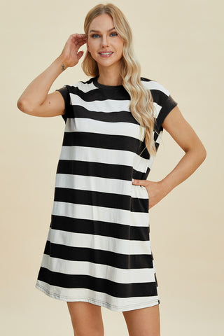 Basic Bae Full Size Striped Round Neck Cap Sleeve Mini Dress Trendsi