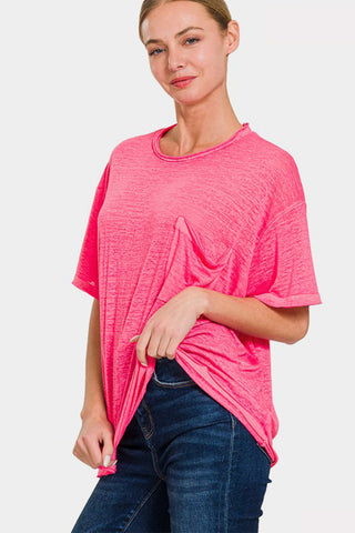 Zenana Pocketed Round Neck Dropped Shoulder T-Shirt Trendsi