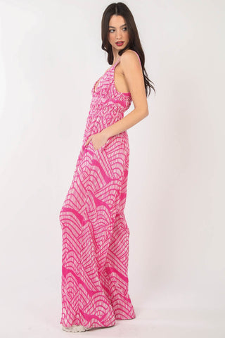 VERY J Printed Pleated Sleeveless Wide Leg Jumpsuit Trendsi