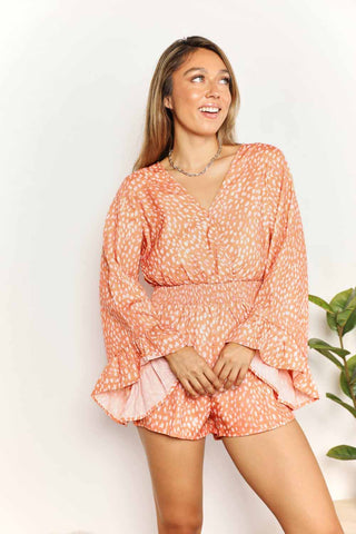 Double Take Printed Flare Sleeve Surplice Romper Trendsi