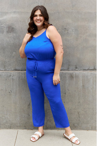 ODDI Full Size Textured Woven Jumpsuit in Royal Blue Trendsi