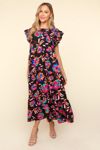 Haptics Ruffled Printed Round Neck Cap Sleeve Dress Trendsi