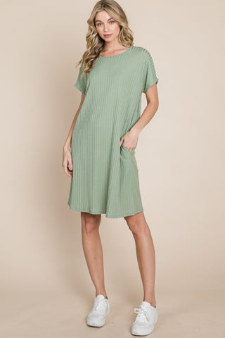 BOMBOM Ribbed Round Neck Short Sleeve Dress Trendsi