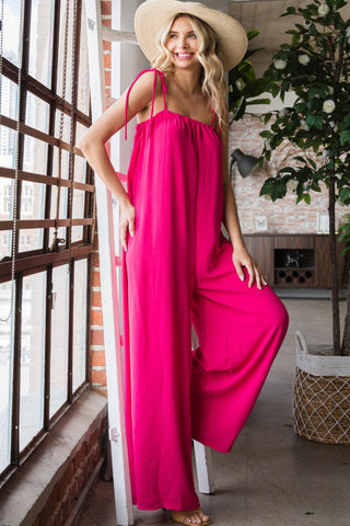 Veveret Pocketed Spaghetti Strap Wide Leg Jumpsuit Trendsi