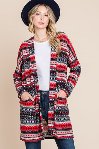 BOMBOM Geometric Open Front Long Sleeve Cardigan with Pockets Trendsi