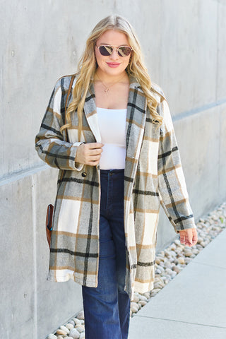 Double Take Full Size Plaid Button Up Lapel Collar Coat Trendsi