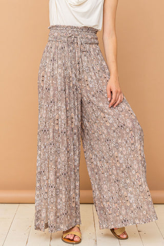 And The Why Printed Smocked Waist Slit Wide Leg Pants Trendsi