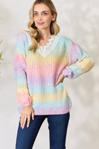 BiBi Rainbow Gradient Crochet Deetail Sweater Trendsi