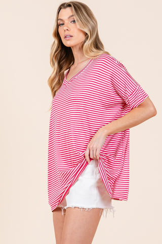 BOMBOM Striped V-Neck T-Shirt Trendsi