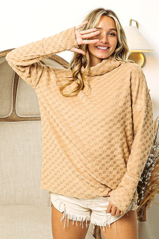 BiBi Checkered Round Neck Thumbhole Long Sleeve Top Trendsi