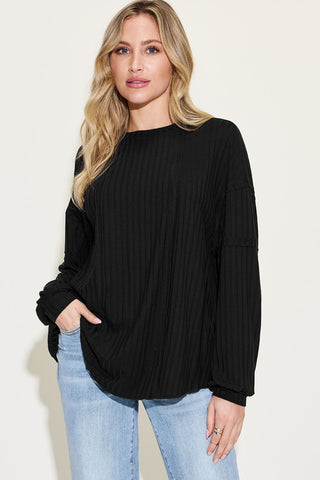 Basic Bae Full Size Ribbed Round Neck Long Sleeve T-Shirt Trendsi