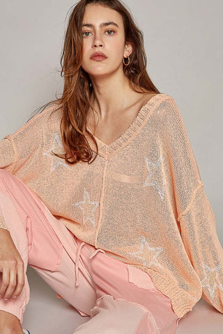 POL V-Neck Long Sleeve Star Print Knit Top Trendsi