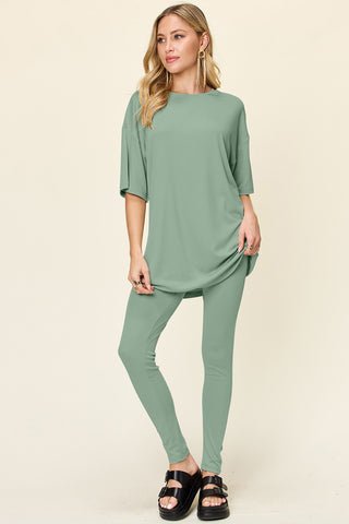 Double Take Full Size Round Neck Dropped Shoulder T-Shirt and Leggings Set Trendsi