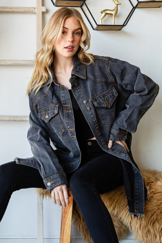 Veveret Button Up Distressed Frayed Hem Denim Jacket Trendsi