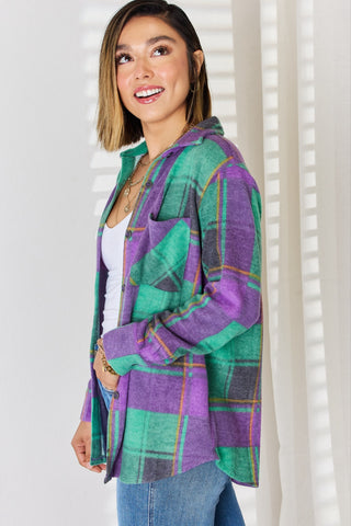 Zenana Plaid Button Up Long Sleeve Shacket Trendsi