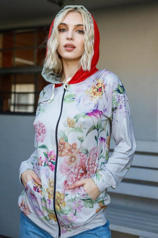 Blumin Apparel Full Size Floral Zip Up Hoodie Trendsi