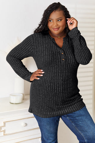 Double Take Notched Neck Ribbed Long Sleeve T-Shirt Trendsi