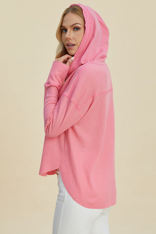 Double Take Full Size High-Low Dropped Shoulder Long Sleeve Hoodie Trendsi