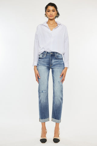 Kancan High Rise Cuffed Straight Jeans Trendsi