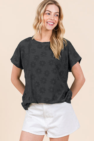 BOMBOM Textured Floral Pattern Short Sleeve T-Shirt Trendsi