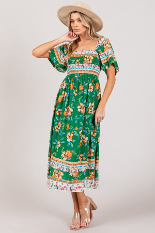 SAGE + FIG Printed Smocked Short Sleeve Midi Dress Trendsi