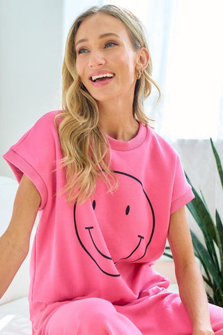 First Love Smile Face Drop Shoulder Brushed Inside T-Shirt Trendsi