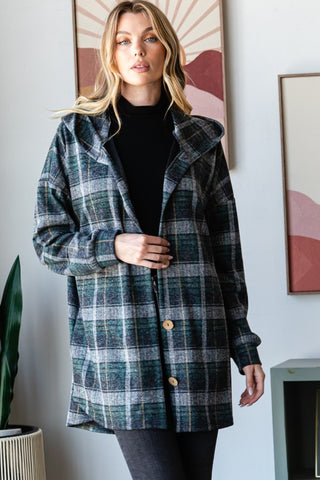 Heimish Plaid Button Down Long Sleeve Hooded Cardigan Trendsi