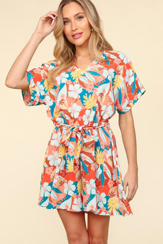 Haptics Tropical Floral Short Sleeve Tied Romper Trendsi