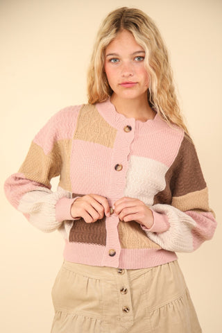 VERY J Color Block Button Down Textured Sweater Cardigan Trendsi