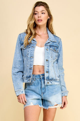 Veveret Button Up Pearl Detail Long Sleeve Denim Jacket Trendsi