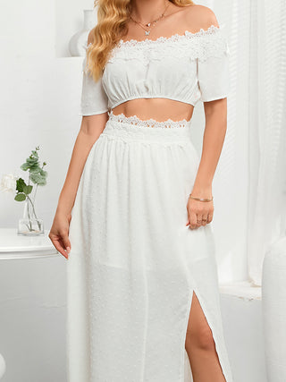 Swiss Dot Lace Trim Cropped Top and Slit Skirt Set Trendsi