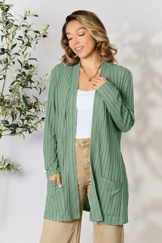 Basic Bae Full Size Ribbed Open Front Cardigan with Pockets Trendsi