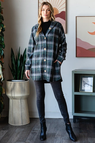 Heimish Plaid Button Down Long Sleeve Hooded Cardigan Trendsi