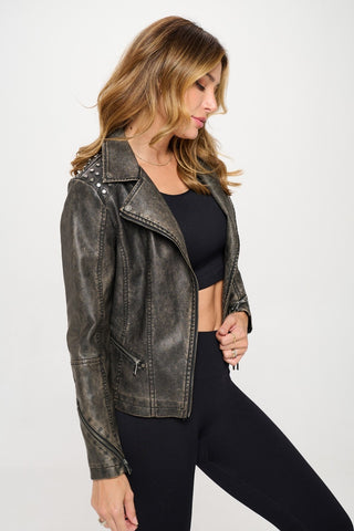 Coalition LA Studded Classic Moto Faux Leather Jacket Trendsi