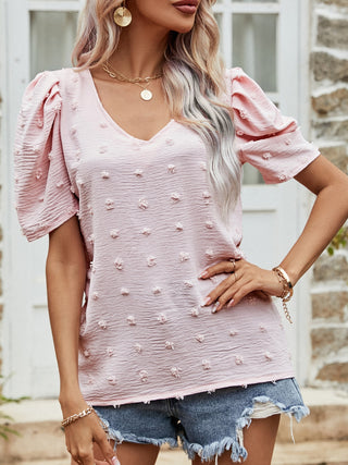 Swiss Dot Short Puff Sleeve Top Trendsi