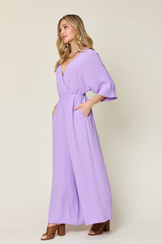 Double Take Full Size Surplice Wide Leg Jumpsuit with Pockets Trendsi