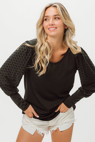 BiBi Round Neck Polka Dot Lantern Sleeve Top Trendsi