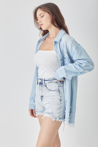 RISEN Raw Hem Distressed High Rise Denim Shorts Trendsi