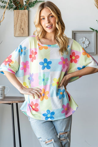 HOPELY Floral Round Neck Waffle T-Shirt Trendsi