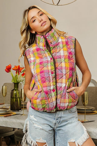 BiBi Quilted Washed Plaid Snap Down Vest Trendsi