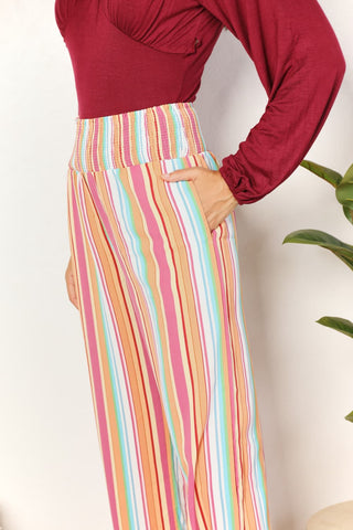 Double Take Striped Smocked Waist Pants with Pockets Trendsi