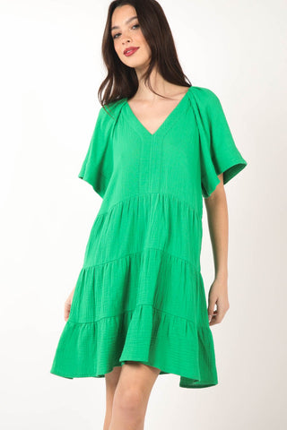 VERY J Texture V-Neck Ruffled Tiered Dress Trendsi