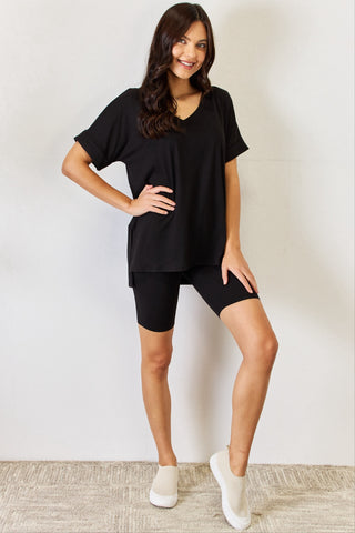 Zenana Full Size V-Neck Short Sleeve Slit T-Shirt and Shorts Set Trendsi