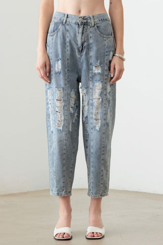 Litz La Washed Barrel Leg High Waist Distressed Jeans Trendsi