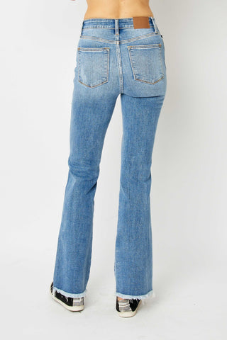 Judy Blue Full Size Distressed Raw Hem Bootcut Jeans Trendsi