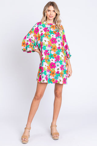 GeeGee Full Size Floral Round Neck Lantern Sleeve Mini Dress Trendsi