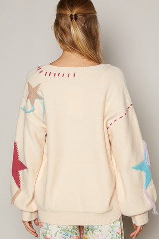 POL V-Neck Long Sleeve Star Fringe Sweater Trendsi