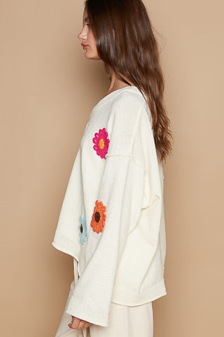 POL V-Neck Flower Patches Long Sleeve Sweater Trendsi