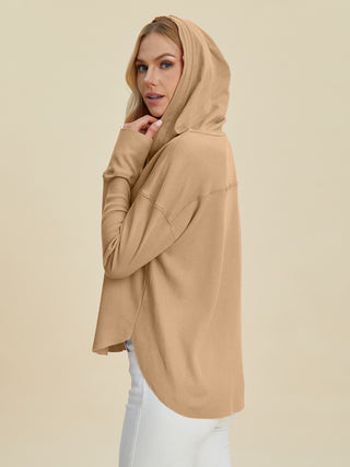 Double Take Full Size High-Low Dropped Shoulder Long Sleeve Hoodie Trendsi